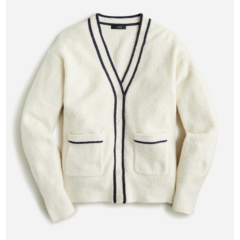 J.Crew Cardigan Sweater Women's XXS 2XS Cream/Black Cotton-Blend Bouclé V-Neck